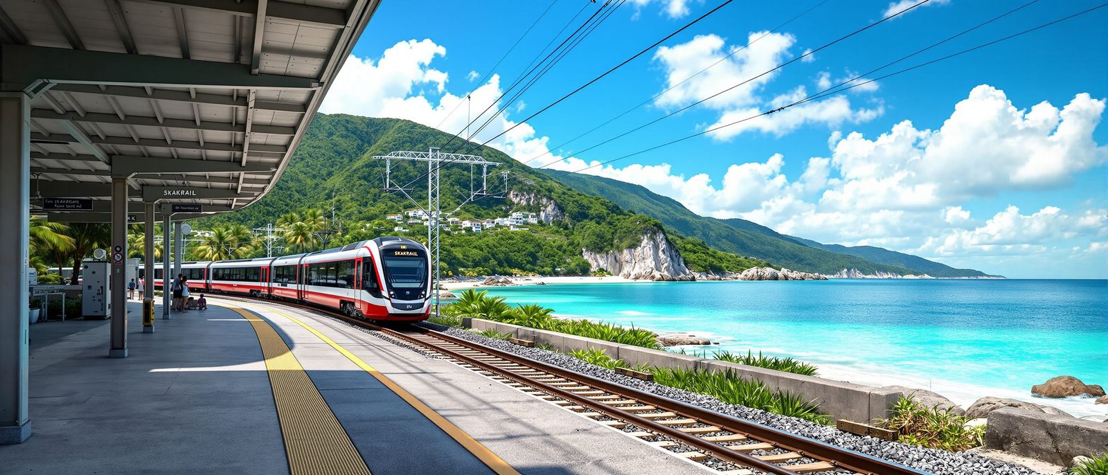 Modern Electric Train at Coastal Station in Daylight