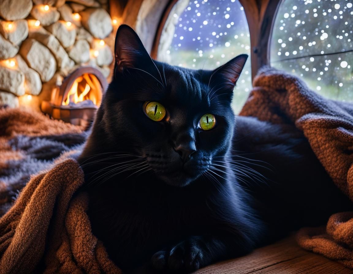 Cosy Fireplace Scene with Sleeping Black Cat