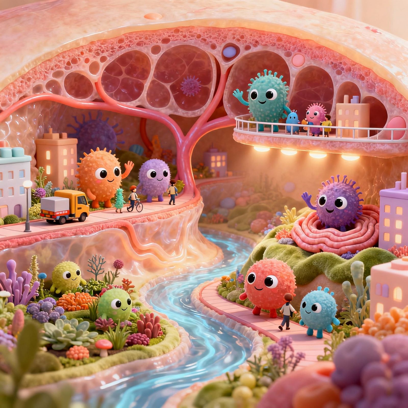 Friendly Cartoon Microbes Inside Human Body, Pixar Style