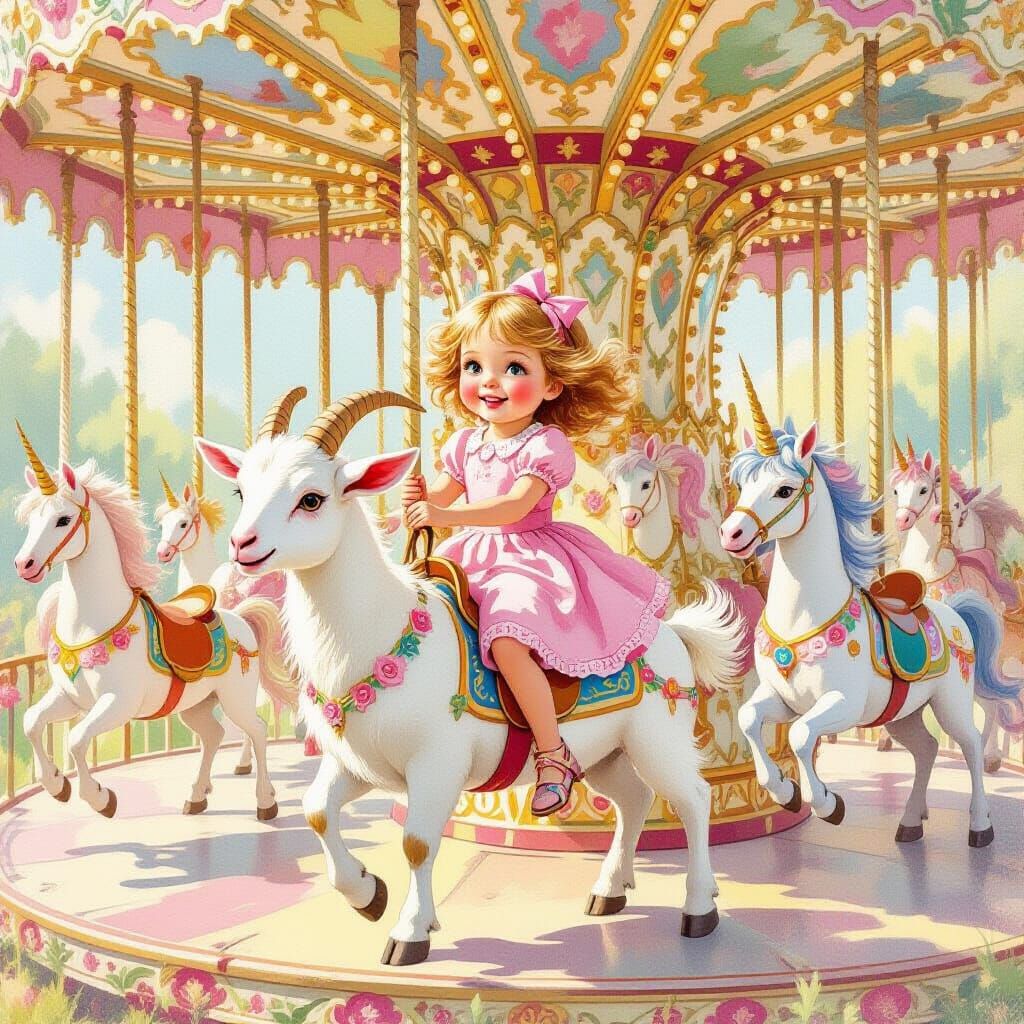 Joyful Girl Rides Goat on Unicorn Carousel
