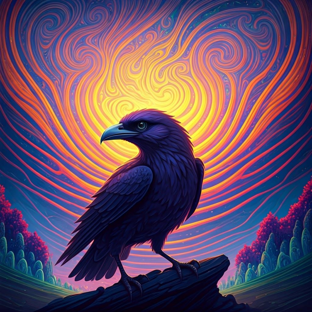 Psychedelic Raven in Mountain Landscape