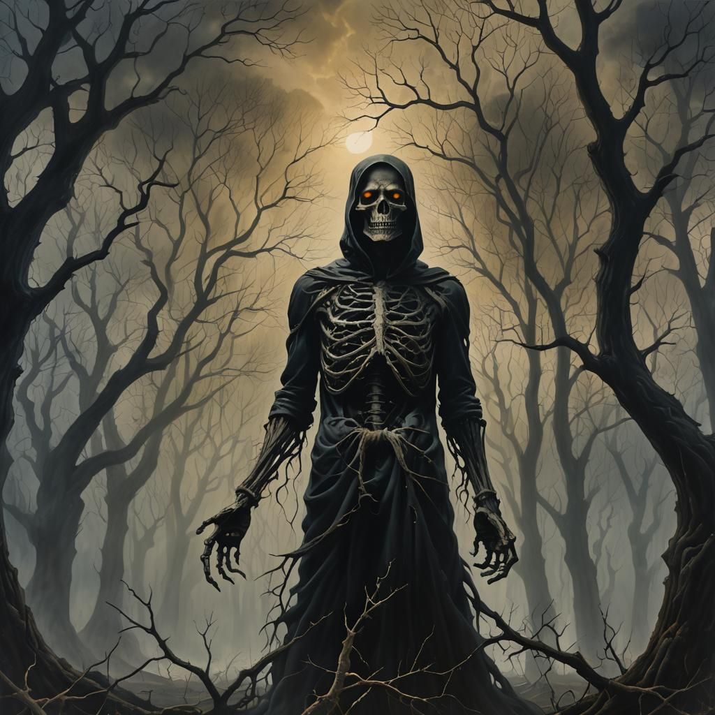 Eerie Figure in Misty Surrealist Landscape Painting