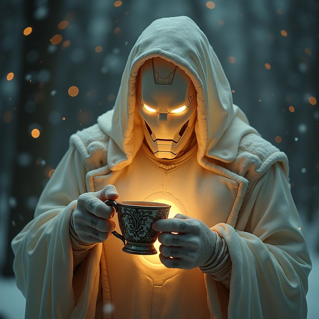 Ethereal Iron Man Sipping Hot Chocolate in Winter Wonderland