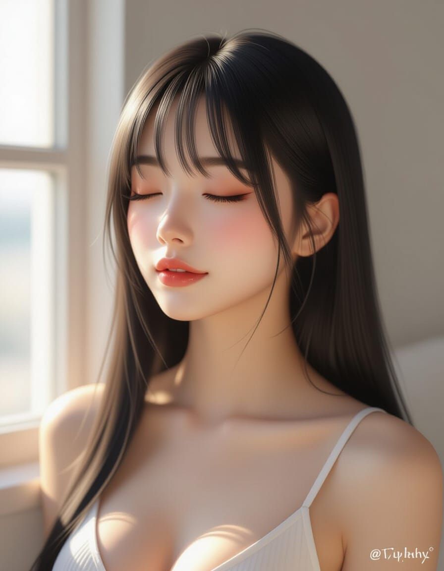 Tranquil Asian Woman Portrait in Hyperrealistic Style