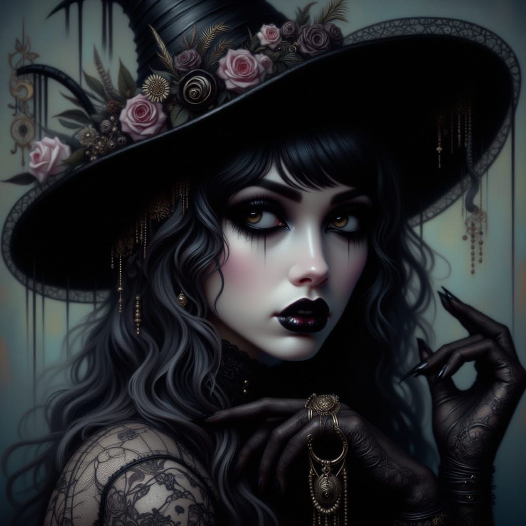 Romantic Goth Woman in Black Lace Dress