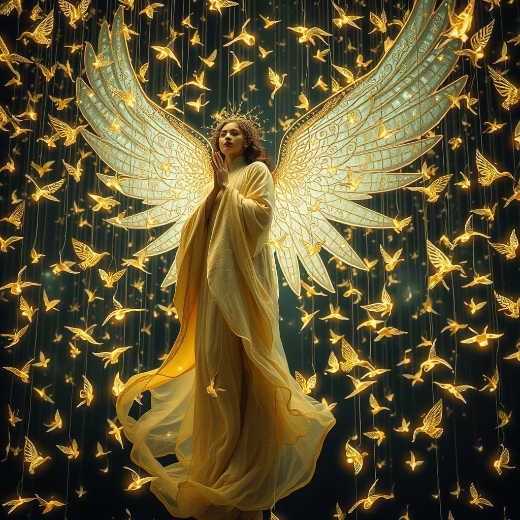 A Winged Figure in a Dreamlike Kaleidoscope of Glowing Notes