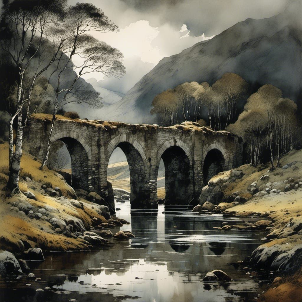 Scottish Highlands Bridge in Classic Painting Style
