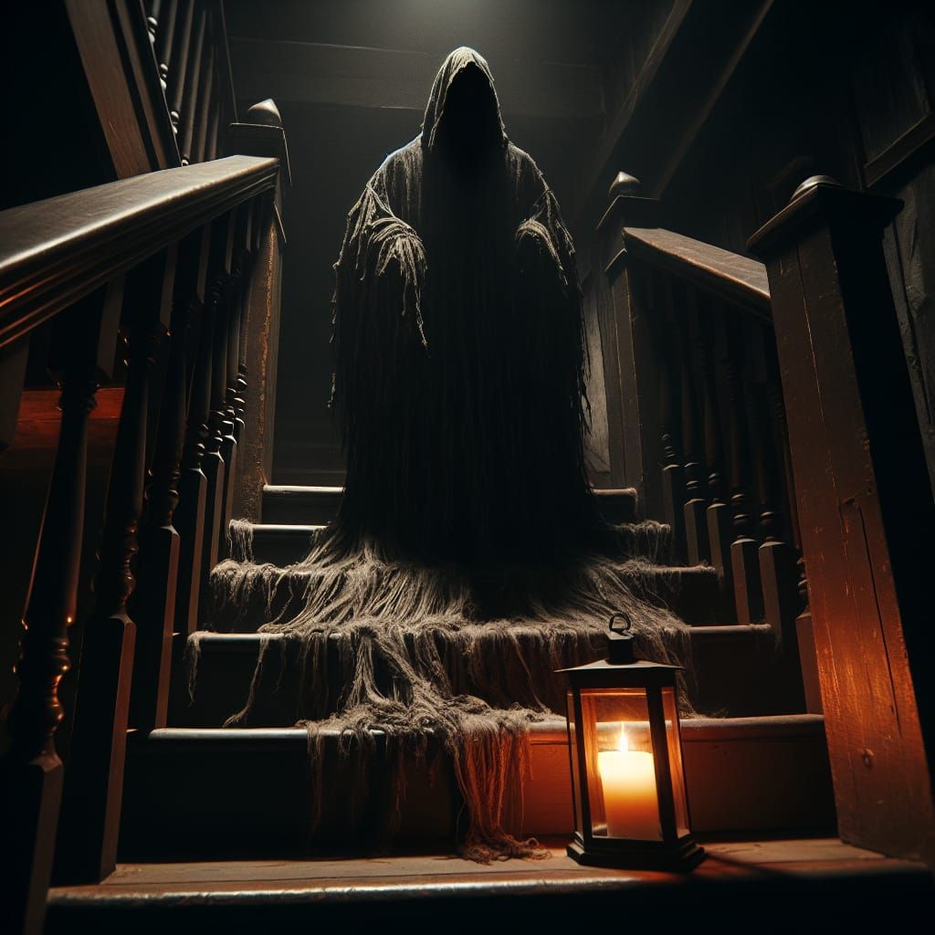 Eerie Cloaked Figure on a Staircase