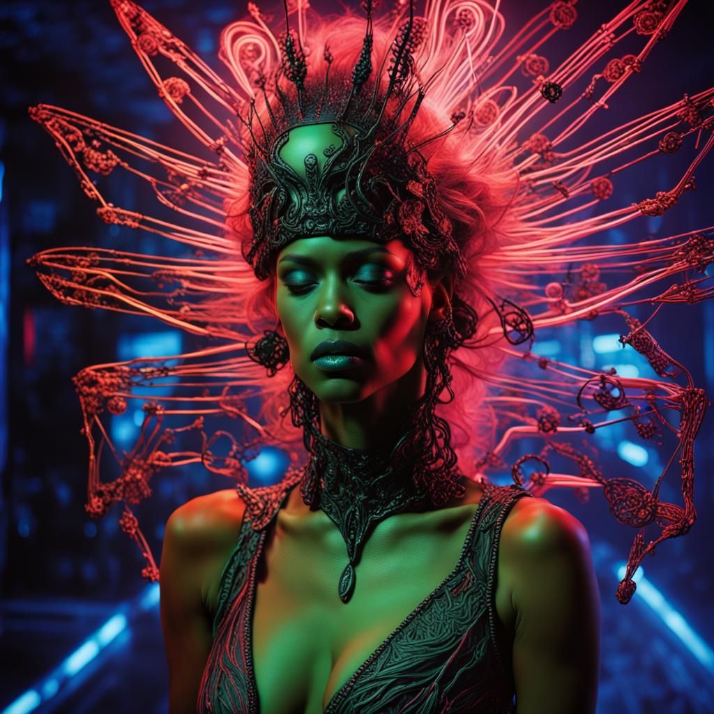 Hyperrealistic Borg Queen Portrait in Neon Lighting