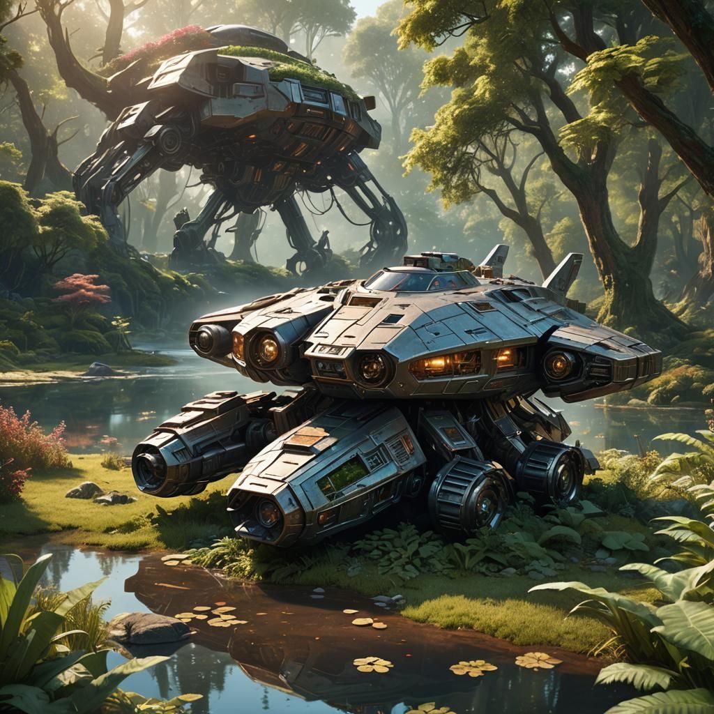 Spaceship Discovery in Alien Forest, 3D Digital Art