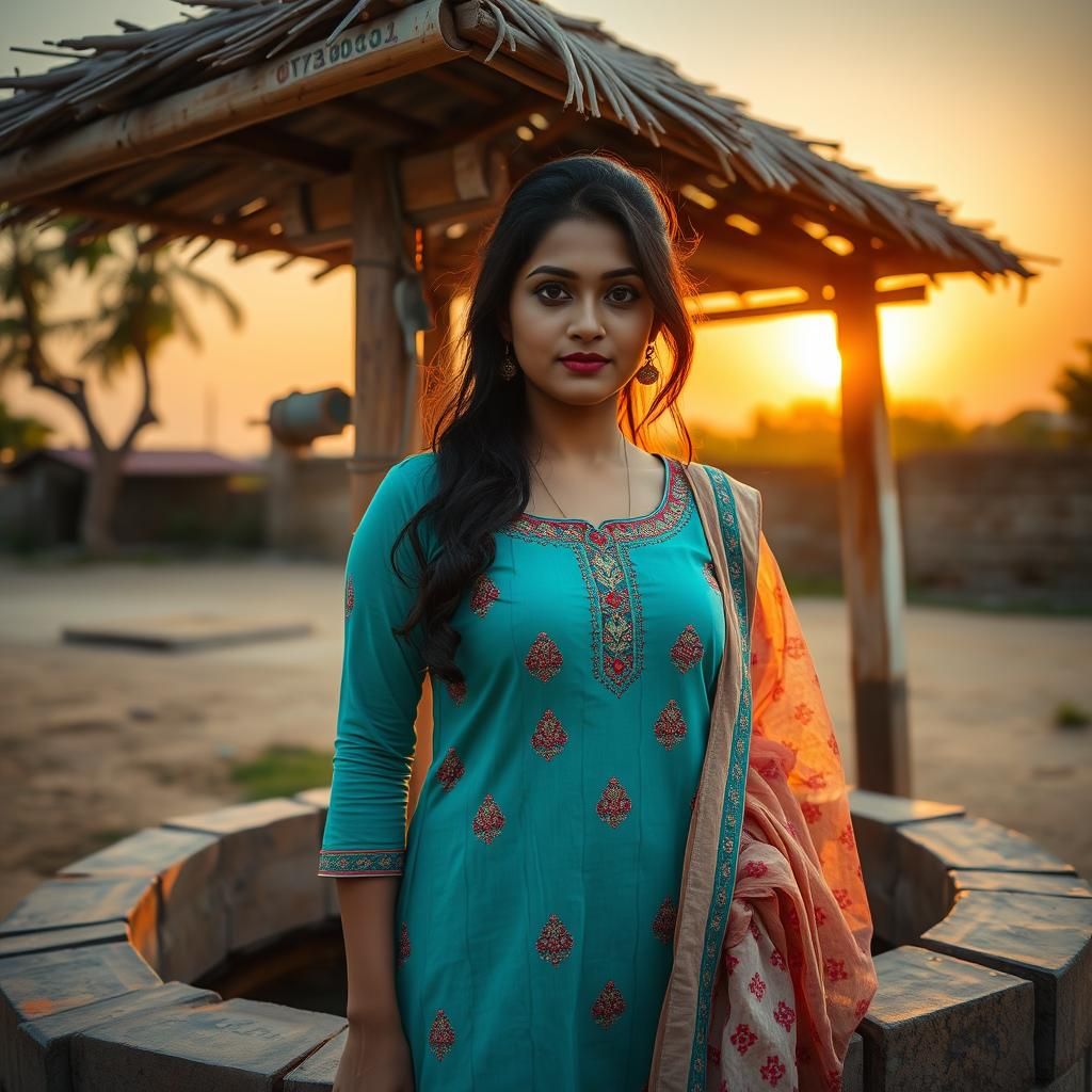 Sunset at Village Well with Woman in Salwar Kameez