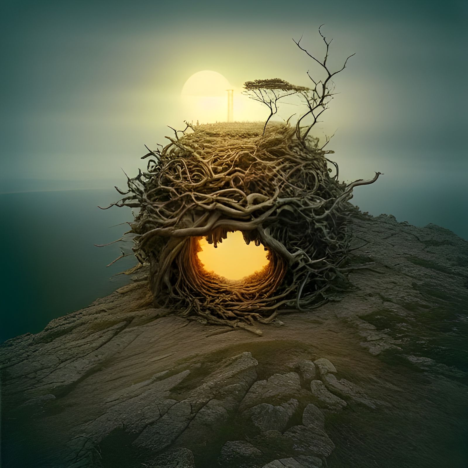 Dragon Hatching in Surreal Cliffside Nest