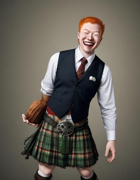 Distorted Ginger Man in Kilt with Wolfish Grin