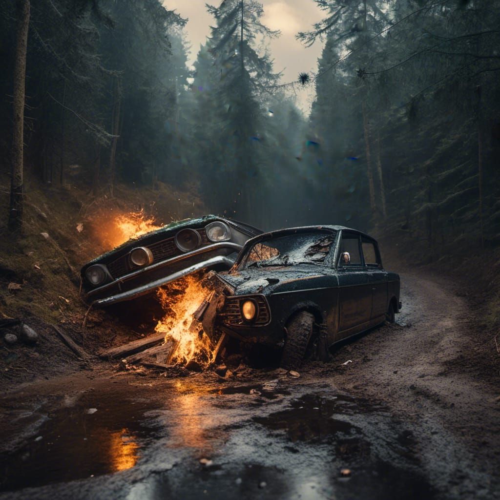 <lora:Kalety 1930:1.0> car accident on cobblestone road thro...