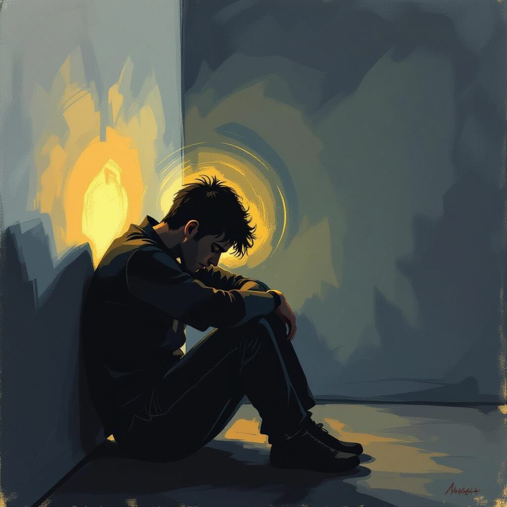 Expressionist Portrait of Exhausted Person with Faint Halo