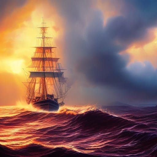 Epic Ship Navigates Stormy Crimson Sea at Sunrise