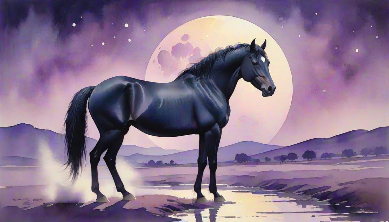 Black Horse Under Purple Moon, Watercolor Painting