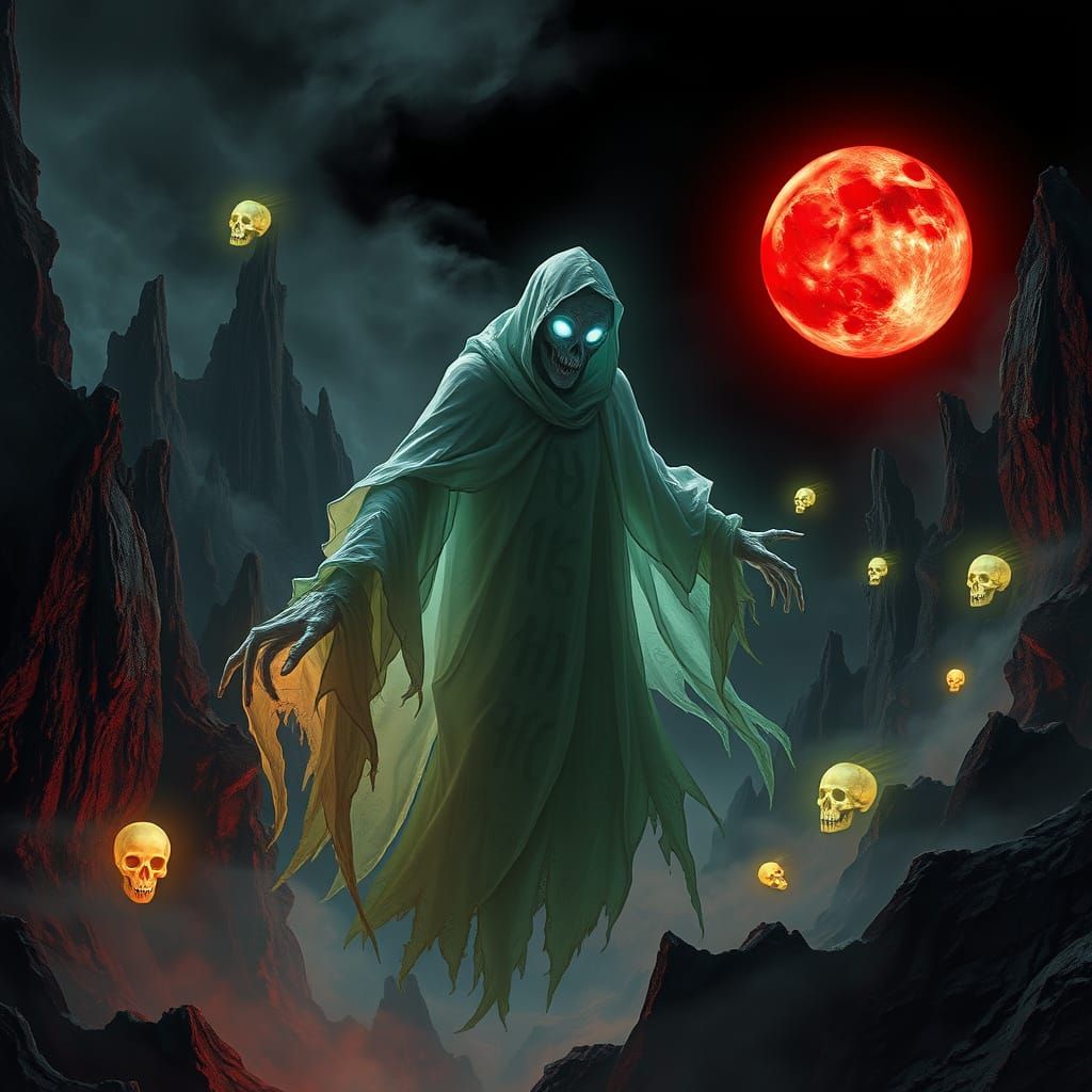 Ethereal Horror Figure in Ruinous Landscape