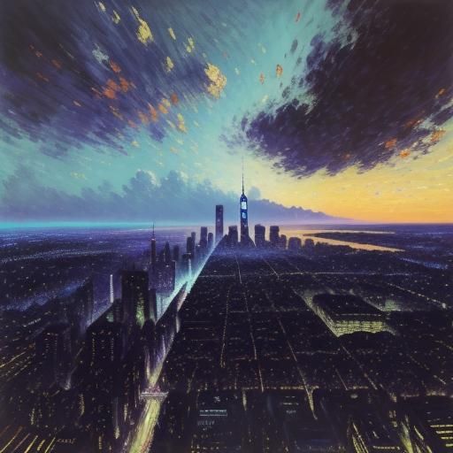 Futuristic Cityscape: Vibrant Oil Painting with Impressionis...