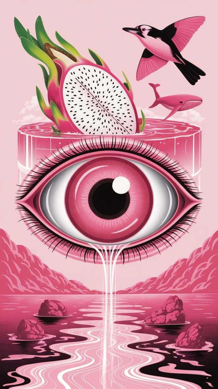 Surreal Pink Dreamscape: Dragon Fruit, Whale, and Pink Eye