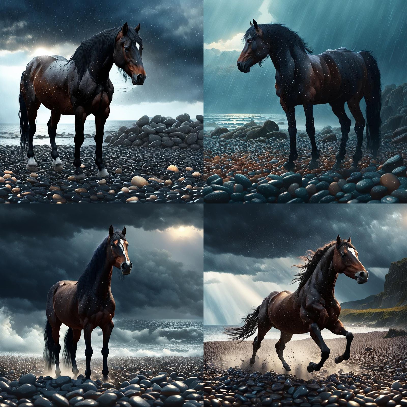 Dramatic Dark Horse on Pebble Beach in Rain