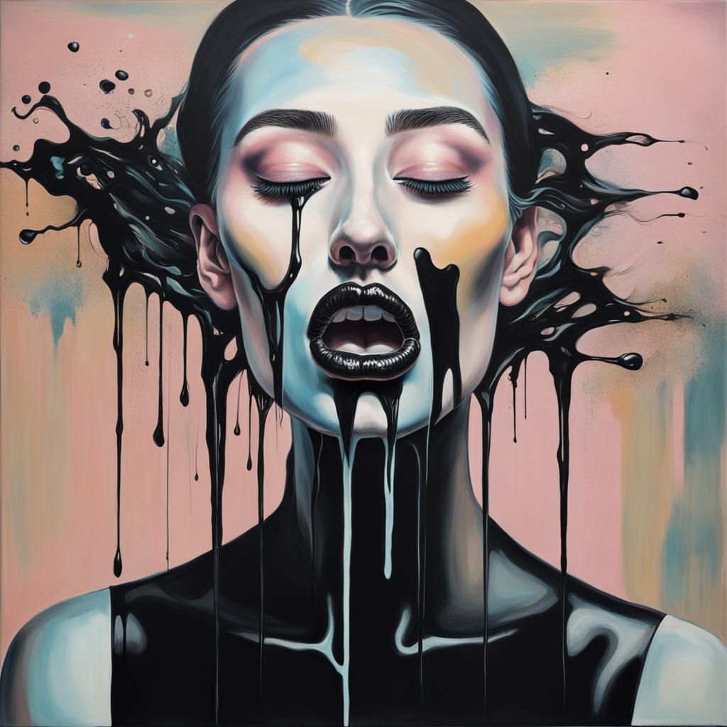 Pastel Goth Woman with Dripping Liquid, Surreal Art