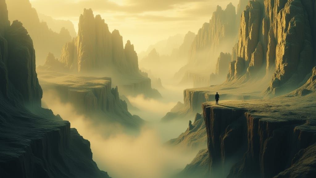 Explorer Overlooks Misty Mountains in Golden Light
