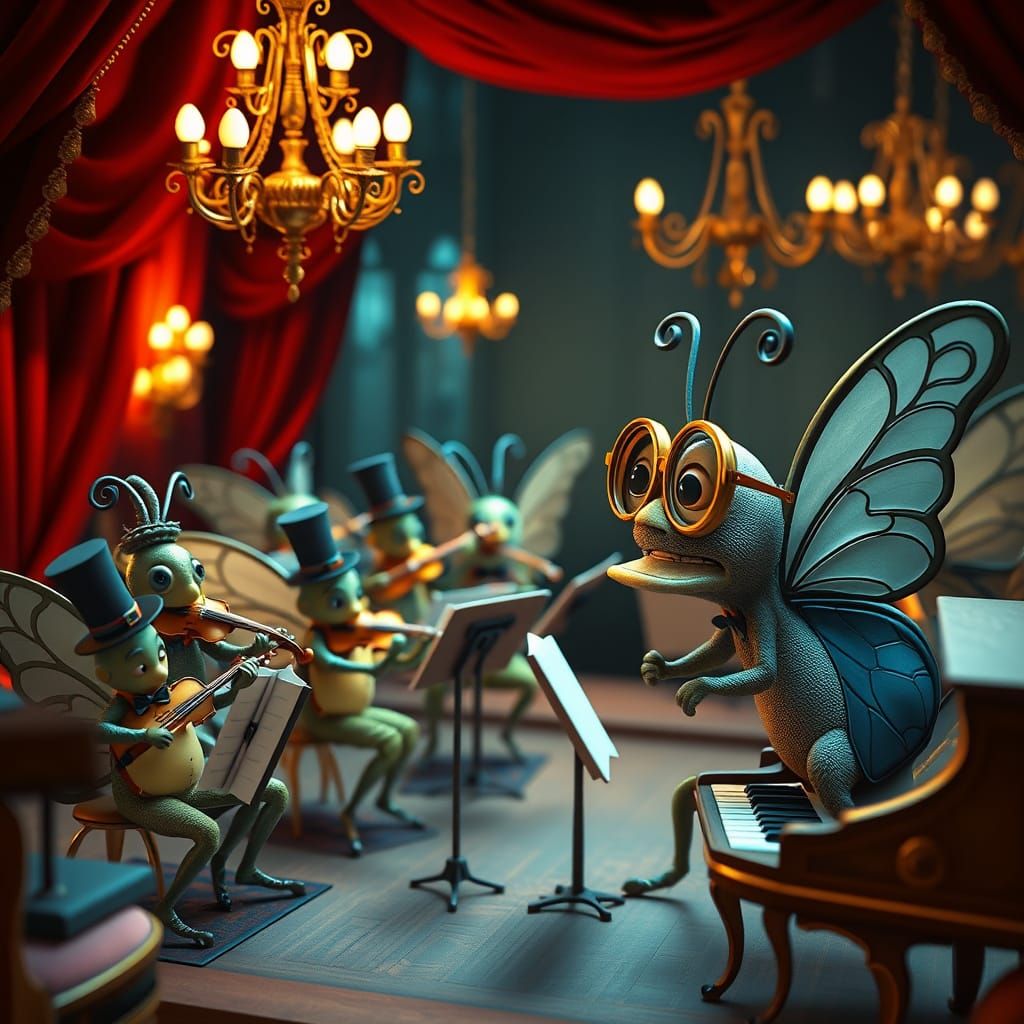 Whimsical Plastilina Cartoon Scene of Butterfly Orchestra in...