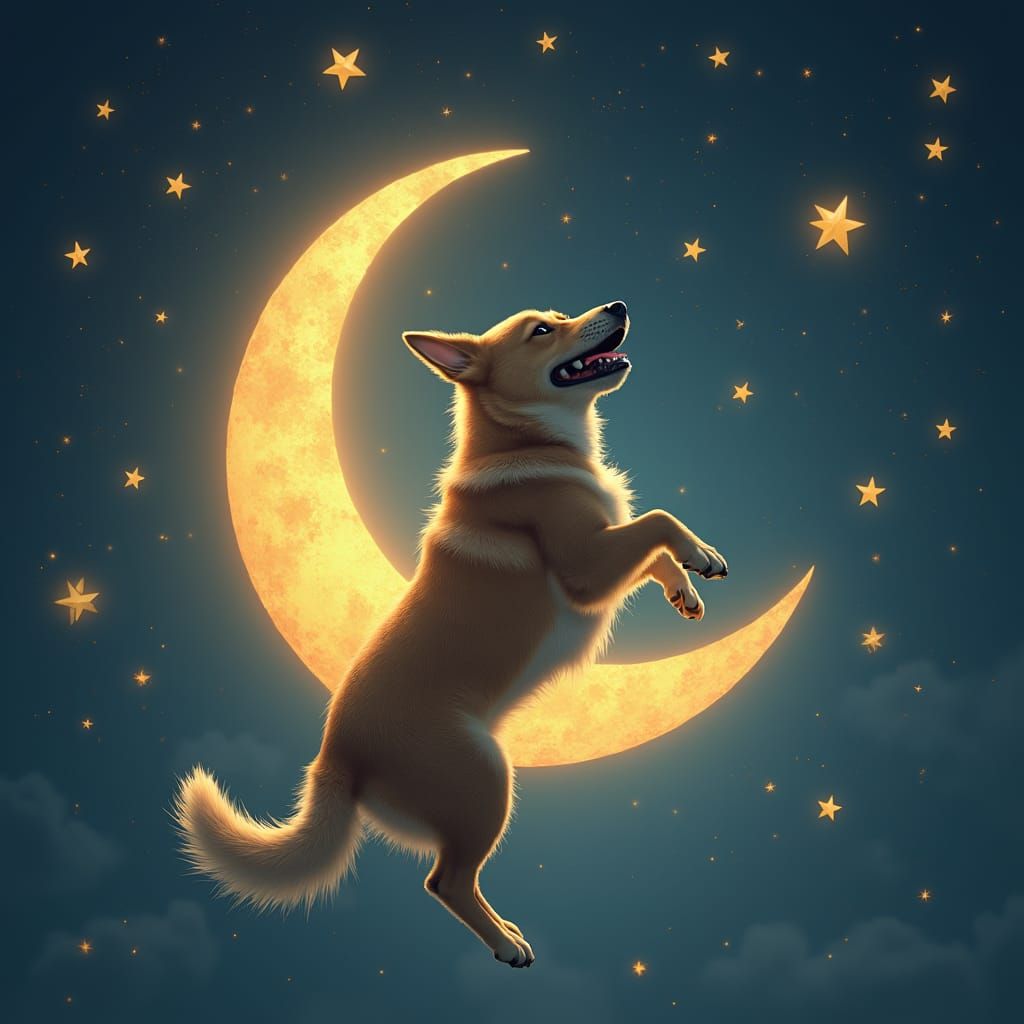 Dog Chasing Stars on the Moon