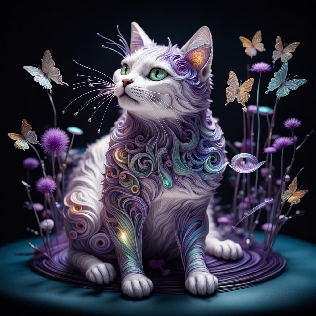 Iridescent Quilling Cat with Butterfly, Digital Art