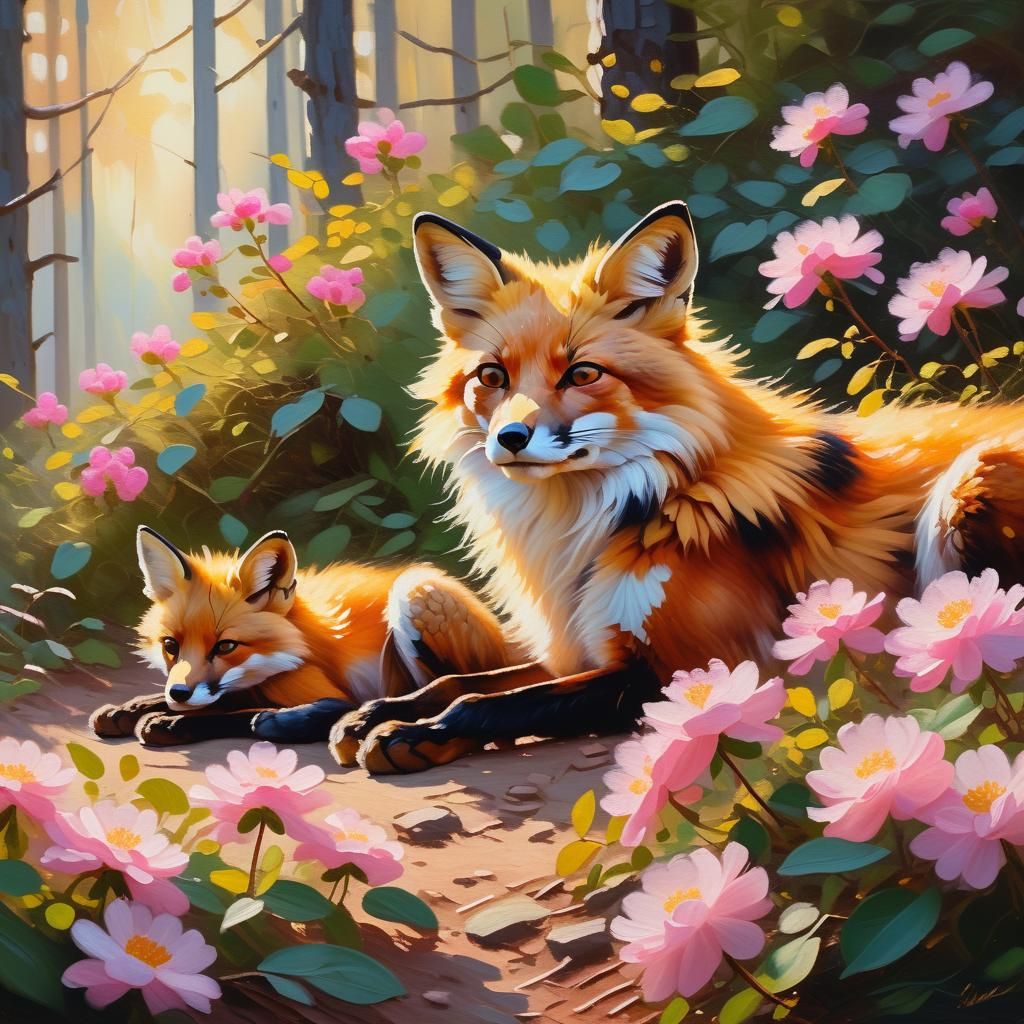 Fox Family in Impressionist Style