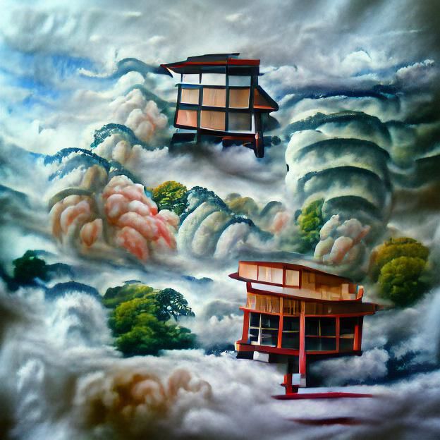 Japanese Tea House in Clouds: Oil on Canvas