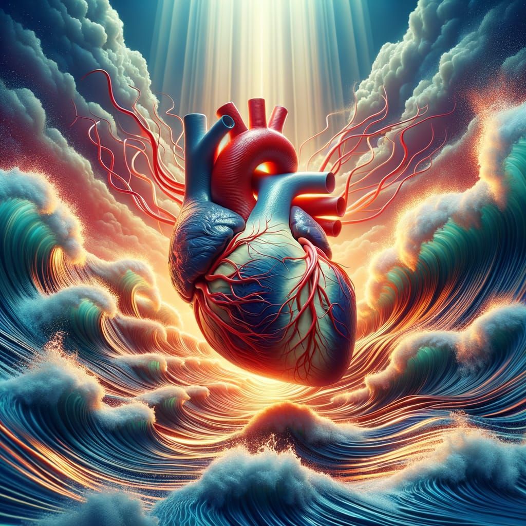 Pulsating Heart Amidst Ocean Storm with Radiant Sunlight