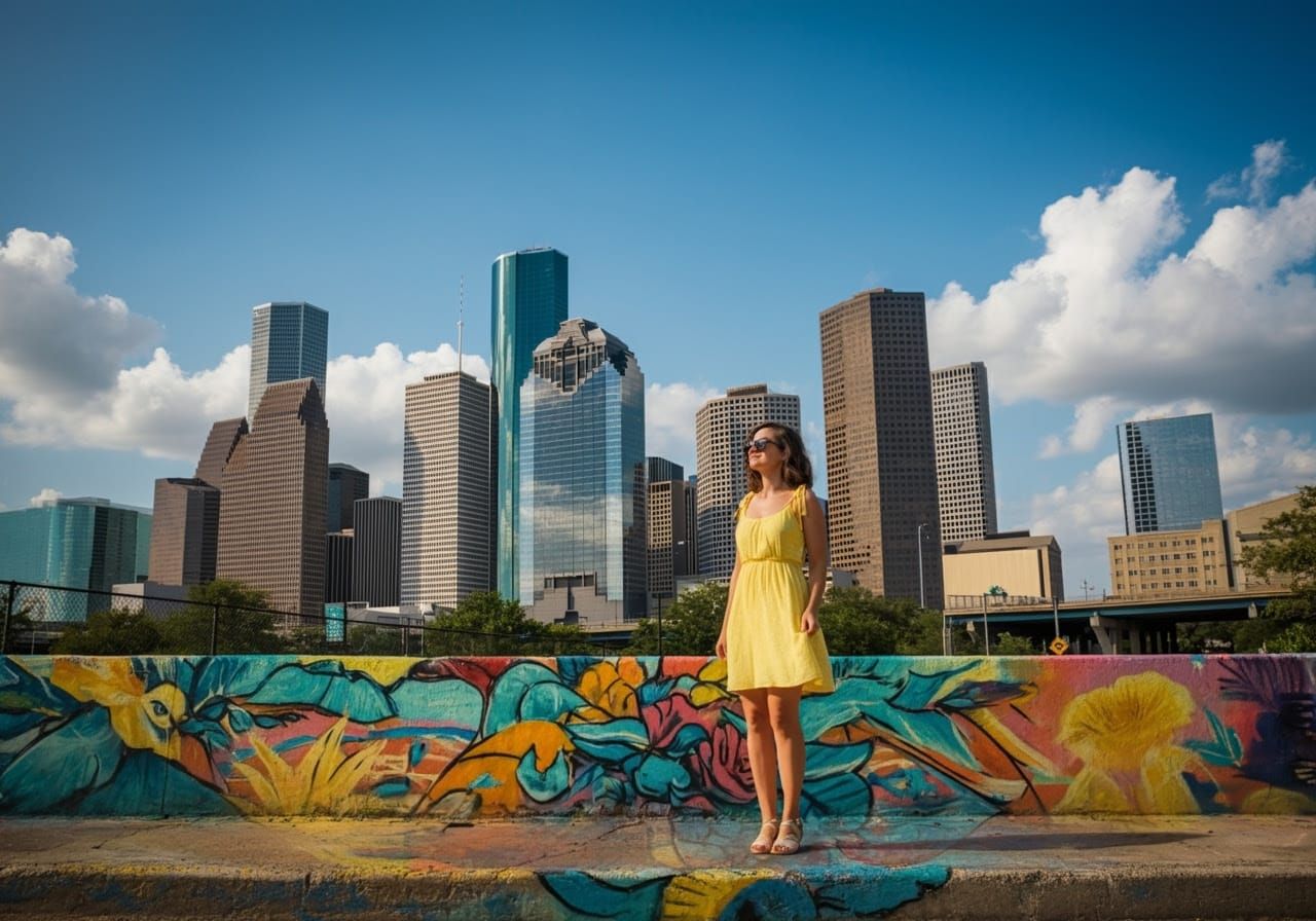 Woman in Yellow Dress with Houston Skyline Art