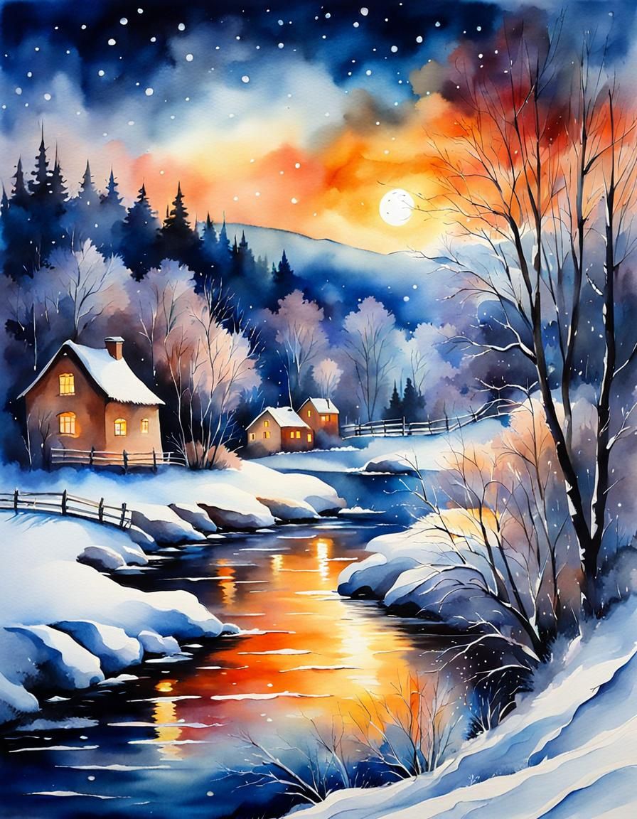 Epic Winter Riverscape at Night in Watercolor