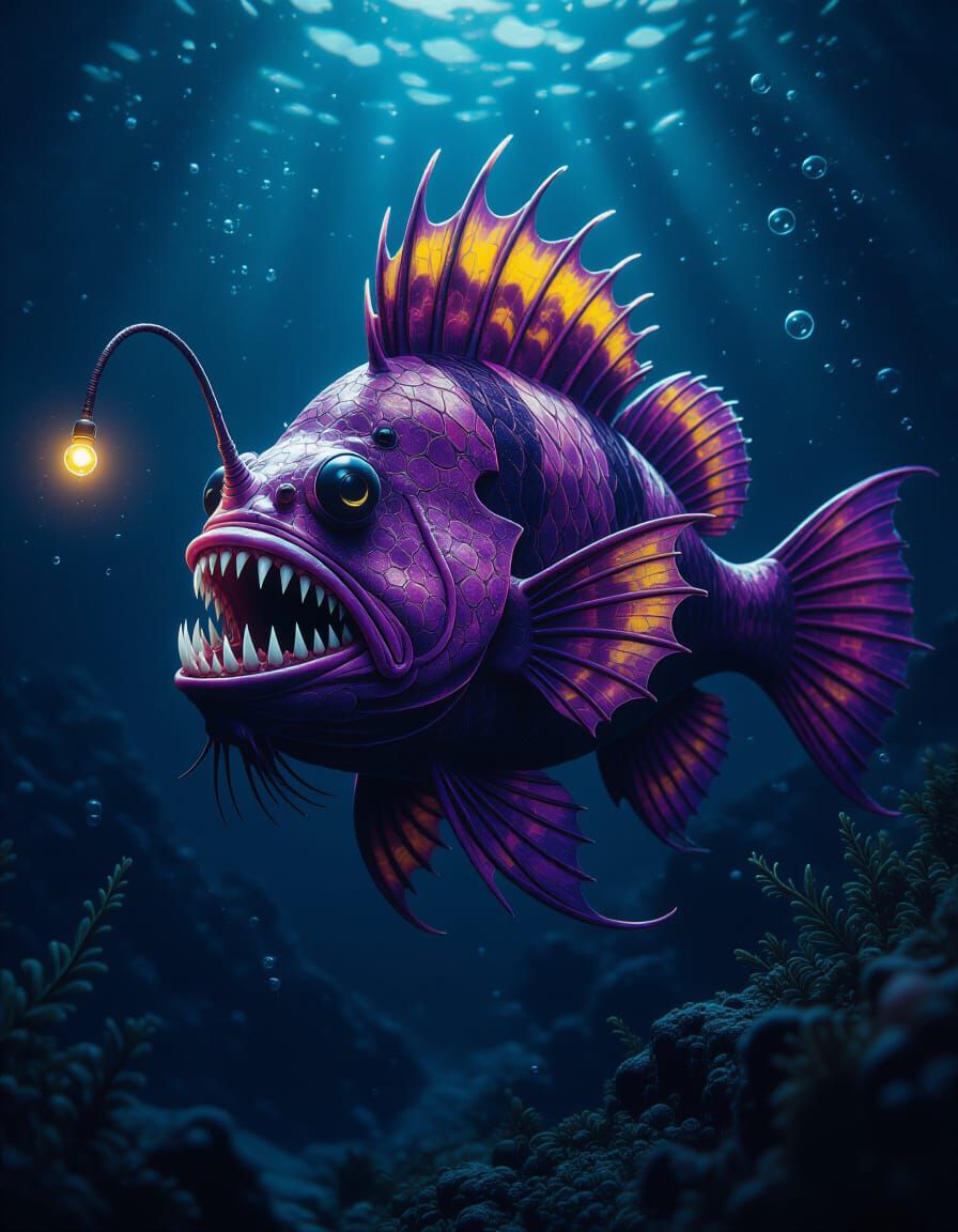 Frightening deep-sea anglerfish with bioluminescent lure. Vicious teeth. Black soulless eyes. Action pose