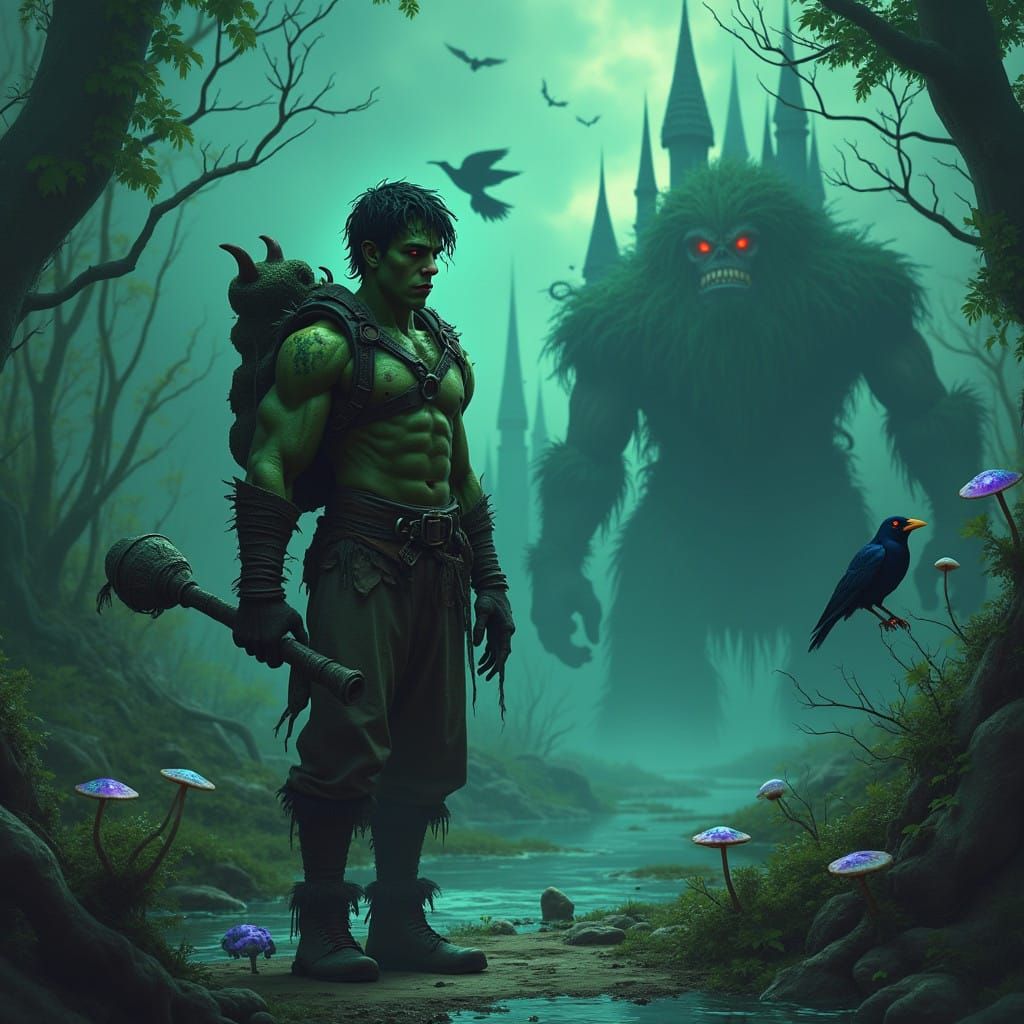 Heroic Figure Stands Tall in Otherworldly Swamp Landscape