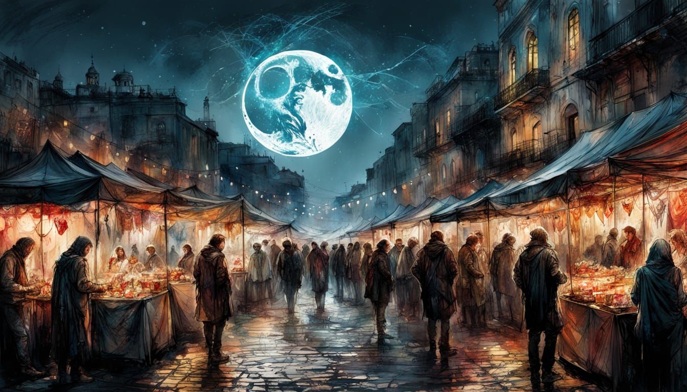 Vibrant Jerusalem Night Market Under Crescent Moon