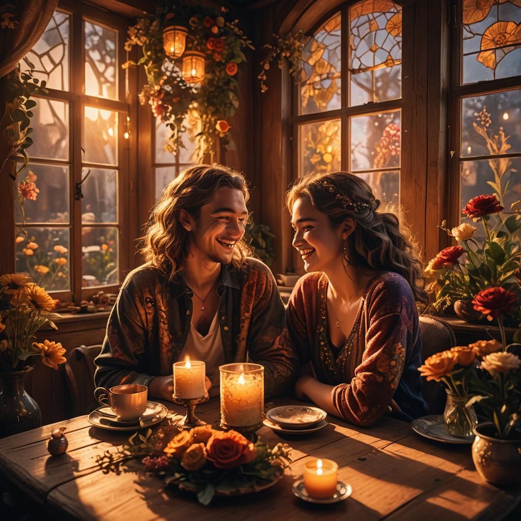 Cozy Fantasy: Couple's Warm Embrace in Candlelight