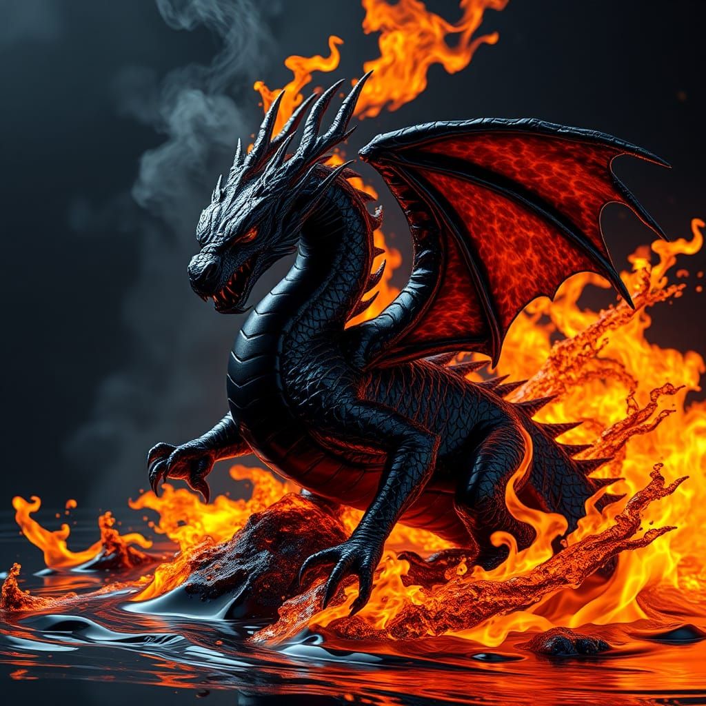Liquid Black Dragon Rising from Fire