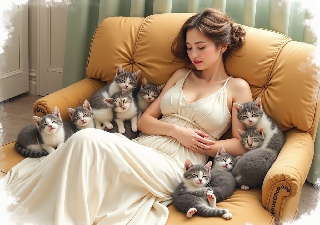 Woman Surrounded by Kittens in Watercolor Style