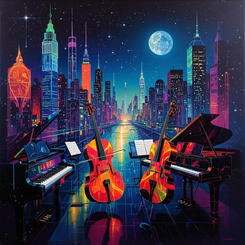 Futuristic Cityscape With Holographic Instruments and Neon L...