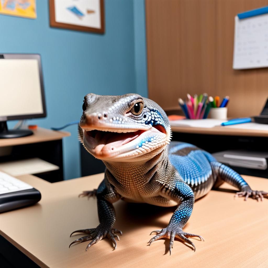 Cute Blue Tongue Skink Lizard on Desk