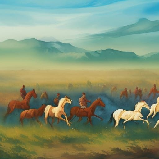 Galloping Horses in Wasteland: Gouache Watercolor Style