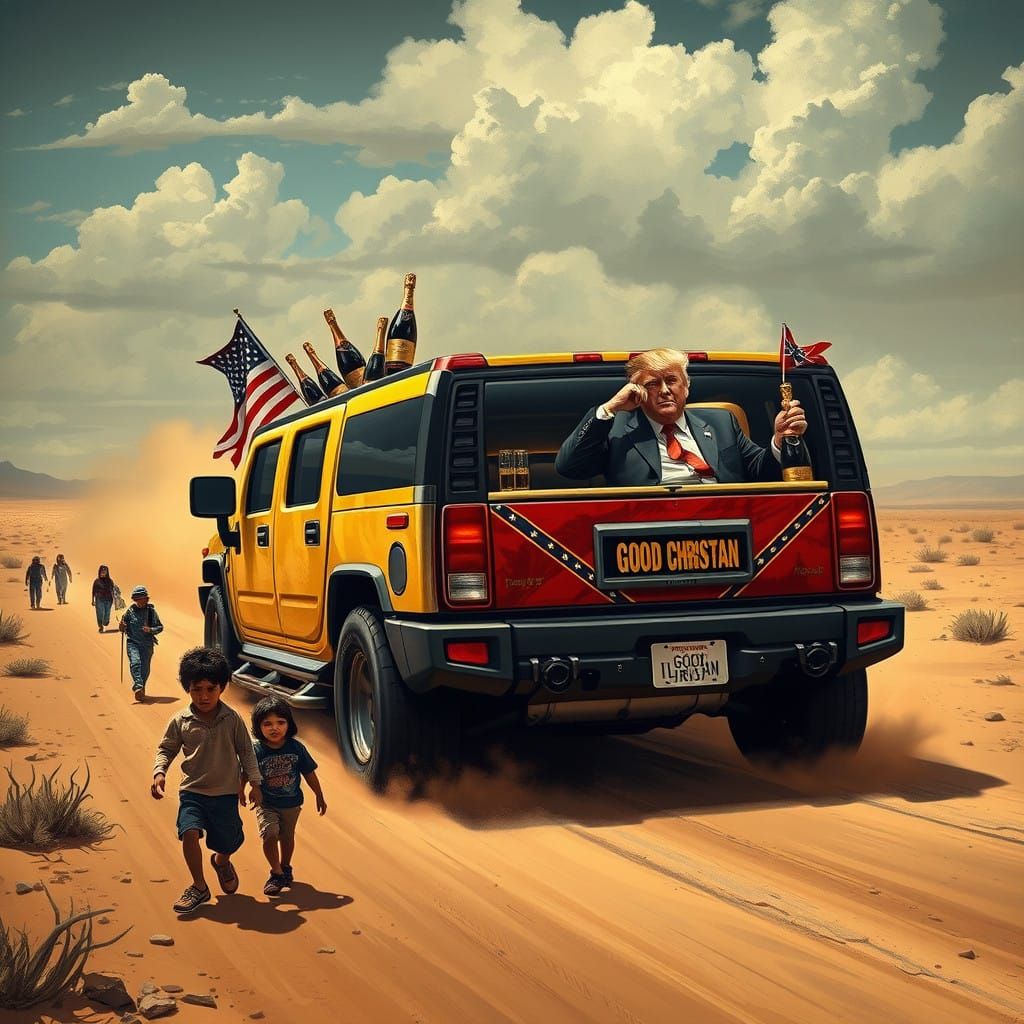 Surreal Desert Scene of Immigrant Children and a Lavish Trum...