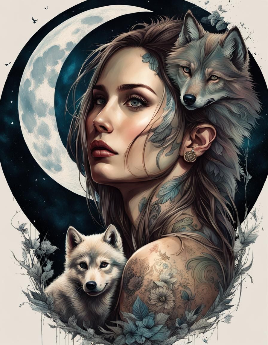 Tattooed Woman and Wolf Cub Under Moonlight