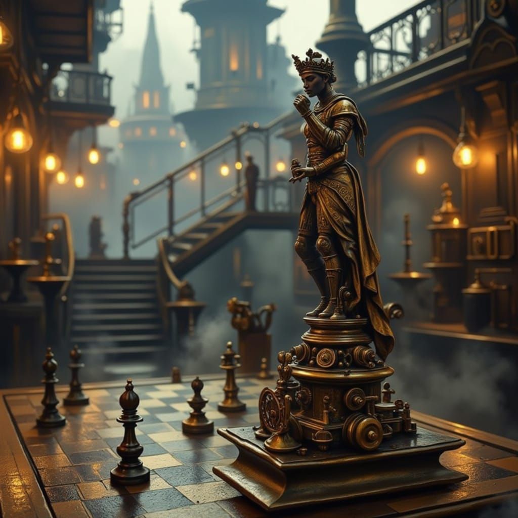 Majestic Clockwork Knight Chess Piece Amidst Victorian-Inspi...