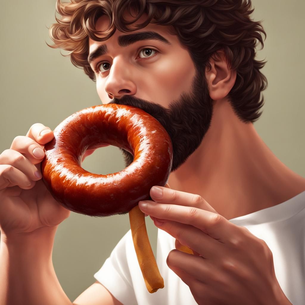 Young Man Enjoys Sausage