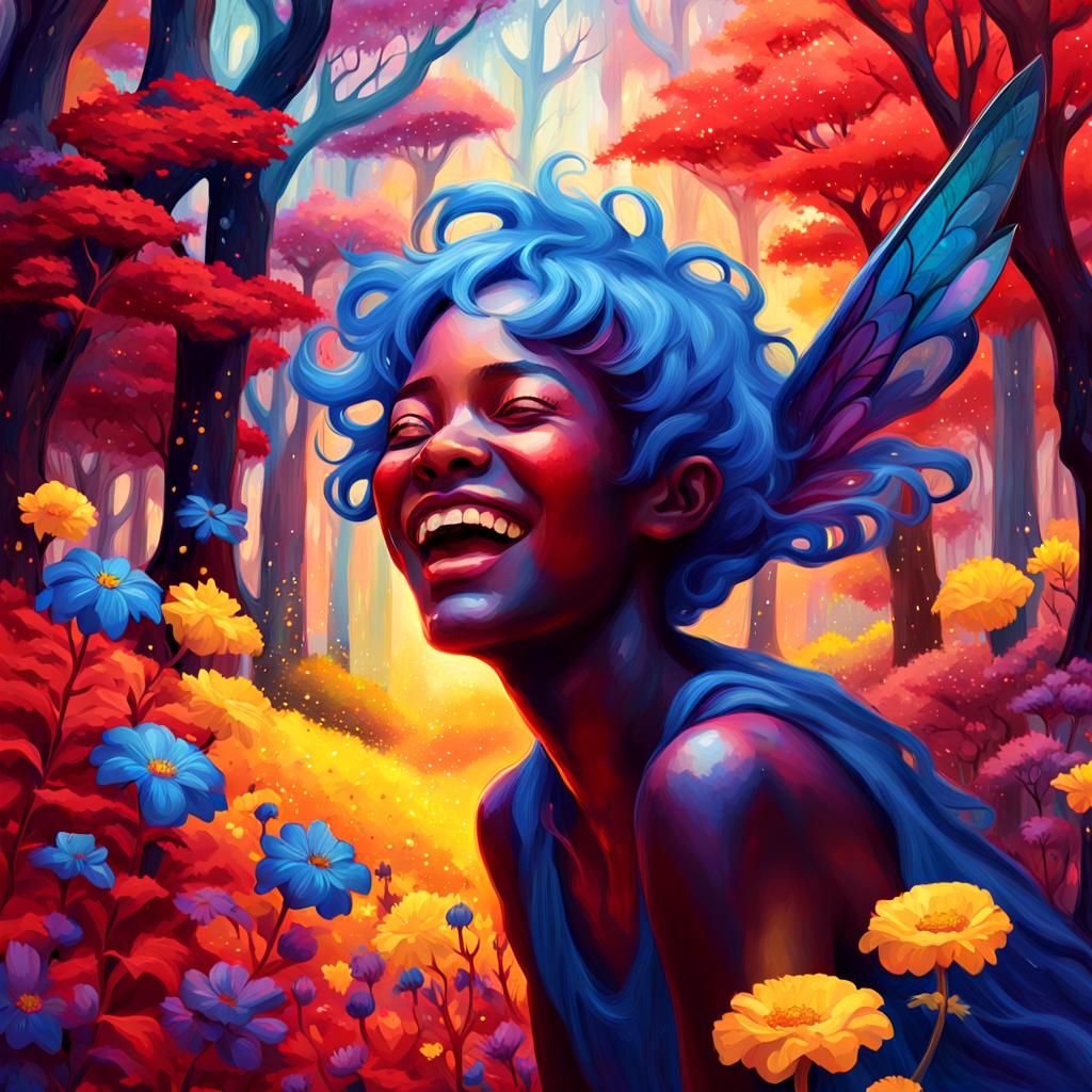 Laughing Ebony Fairy in a Cosmic Astral Forest