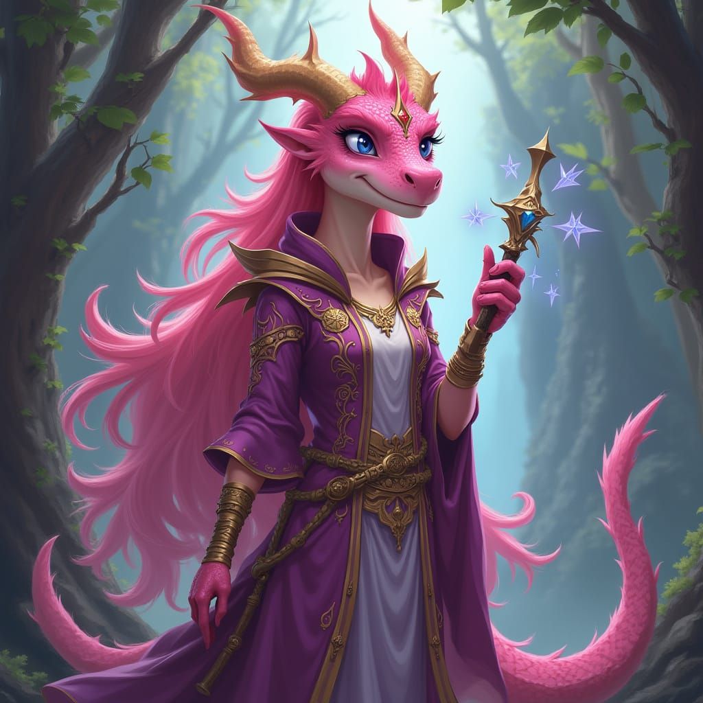 Ethereal Pink Dragoness in Cleric's Robe, Holding Staff